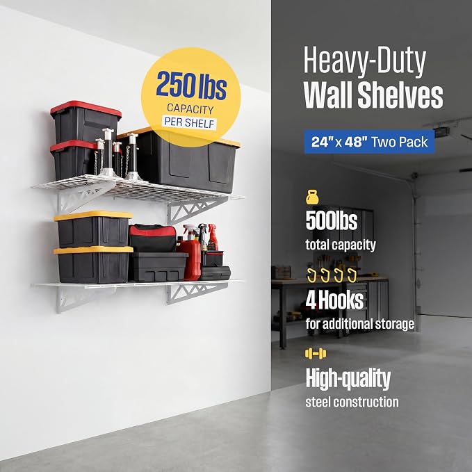 SafeRacks Steel Garage Wall Shelves 2-Pk w/Hooks, 500lb, White (24x48)