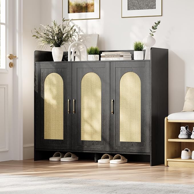 Garvee Shoe Cabinet Storage for Entryway, Rattan Shoe Rack with 3 Doors | Farmhouse Boho Wood Shoe Organizer Cabinet for Entrance Hallway Living Room Foyer