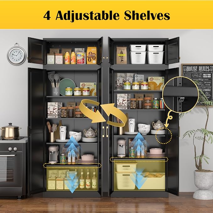 Steeloong 86"Metal Pantry Storage Cabinet with Doors & 4 Adjustable Shelves | Kitchen Pantry Cabinet,Black Kitchen Cabinet with 4 Gold Handles,Tall Cabinet for Livingroom,Pantry, Bathroom,Kitchen,Garage