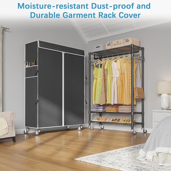 VIPEK R3C Portable Closet for Hanging Clothes Rolling Rack with Cover | Lockable Wheels, Adjustable Wire Shelving, Metal Side Hooks, Polyester Cover, Heavy Duty 380lbs, Space-Saving for Bedroom