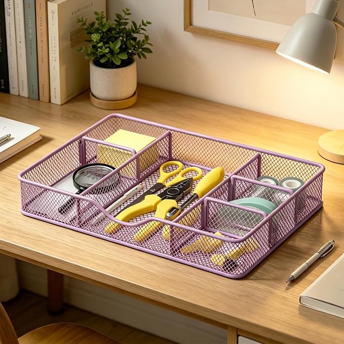 VyGrow Desk Drawer Organizer Tray, Metal Mesh Drawer Organizers Office, 6 Adjustable Compartment, Desk Organizer Tray for Home Office 12.87L x 8.73D x 1.96H inch, Black, 1PC Medium, Purple