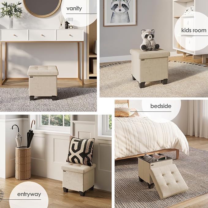 Storage Ottoman Cube with Small Bin, 15-in Square Ottoman with Storage for Living Room and Bedroom, Small Ottomans Foot Rest, Velvet Foot Stools Ottomans Max 330lbs, Beige