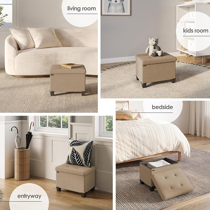 Storage Ottoman Cube with Small Bin, 16-in Square Ottoman with Storage for Living Room and Bedroom, Small Ottomans Foot Rest, Fabric Foot Stools Ottomans Max 330lbs, Taupe
