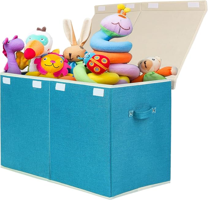 Large Toy Box Chest Storage with Flip-Top Lid, Kids Toy Storage Bin Boxes | Toy Chest with Rivets Handles for Kids, Boys, Girls, Nursery, Playroom, Living Room, Bedroom, 25"x 13" x 16" (Linen Teal)