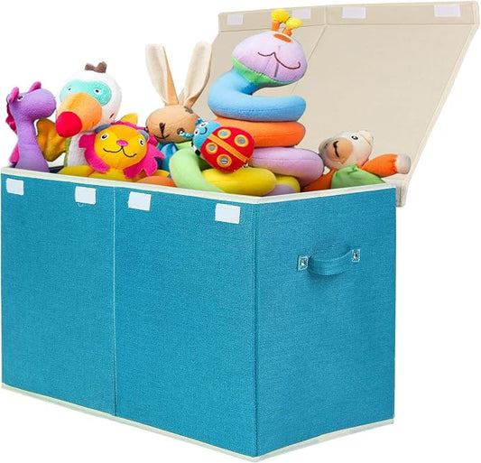 Large Toy Box Chest Storage with Flip-Top Lid, Kids Toy Storage Bin Boxes | Toy Chest with Rivets Handles for Kids, Boys, Girls, Nursery, Playroom, Living Room, Bedroom, 25"x 13" x 16" (Linen Teal)