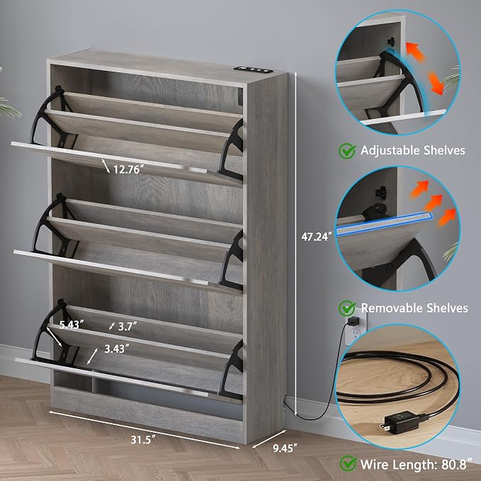BORNOON Shoe Cabinet with Odor Control and Back Panels, Deodorizing Slim 3-Flip Shoe Storage Cabinet for Entryway, Freestanding Hidden Shoe Rack Organizer for Entrance, Hallway, Bedroom