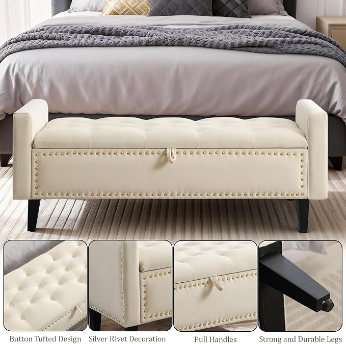 47in Velvet Storage Ottoman Bench with Arms, Upholstered Storage Bench with Wooden Legs, Storage Bench for Bedroom, Living Room, Beige
