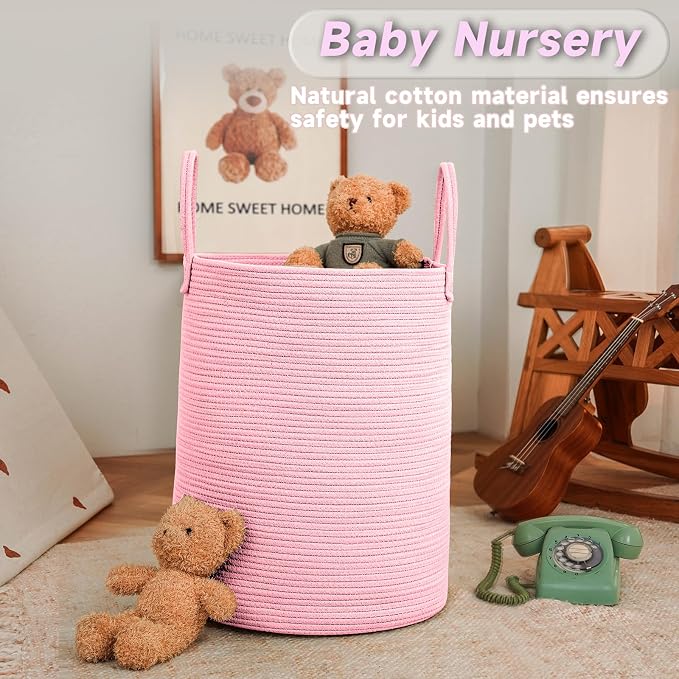 JMvicyroam 60L Cotton Rope Laundry Basket Hamper, Pink | Collapsible laundry basket, reinforced handles, freestanding, machine washable, holds 3-5 thick blankets, clothes or toys