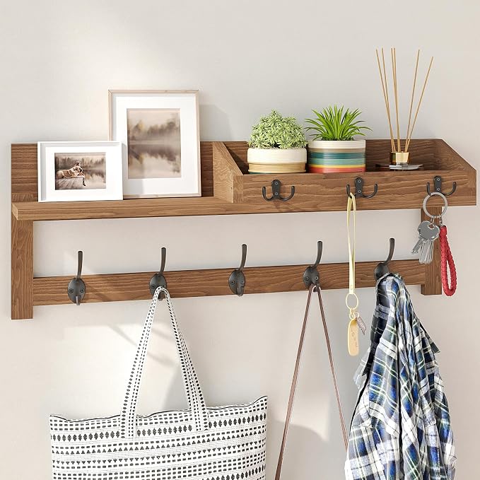 AMBIRD Wall Hooks with Shelf, 26.57 Inch Entryway Wood Coat Hooks for Wall with Shelf, Coat Rack Wall Mount with 5 Dual Hooks 3 Key Hooks Mail Organizer and Key Rack Holder (Brown)