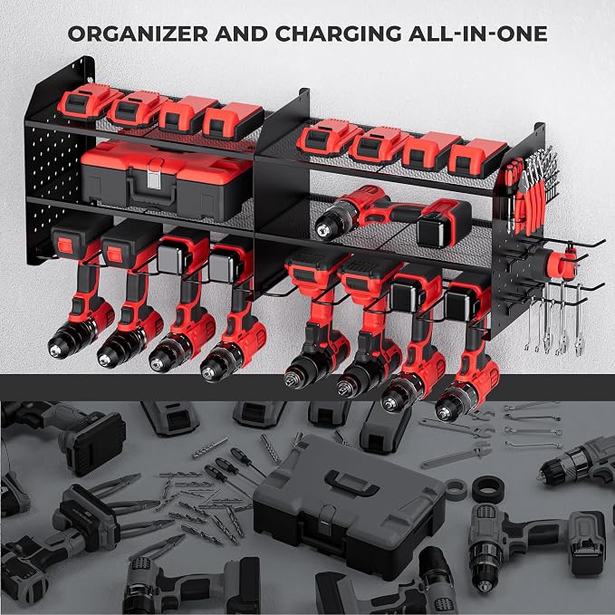 TRZZ 2-in-1 Power Tool Organizer Wall Mount, 3-Layer Tool Rack, Black | 8 Drill Holders, 4 Hooks, 1 Drill Bit Rack, 2 Side Pegboards, Efficient Tool Storage, for Garage, Workshop, Tool Room