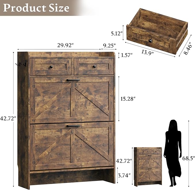 BORNOON Shoe Storage Cabinet for Entryway, Farmhouse Narrow Shoe Cabinet with 2 Flip Drawers & Top Drawers, Adjustable Shelves & Hooks, Freestanding Hidden Rack Organizer for Hallway, Foyer