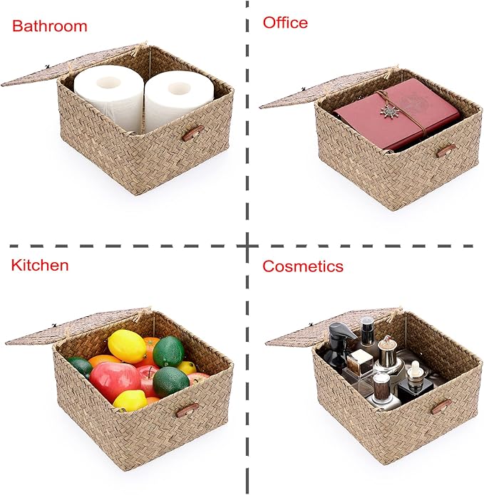 Hipiwe Small Wicker Shelf Baskets Handwoven Seagrass Storage Bin with Lid | Multipurpose Household Basket Boxes Square Basket Container for Shelves and Home Organizer, Coffee