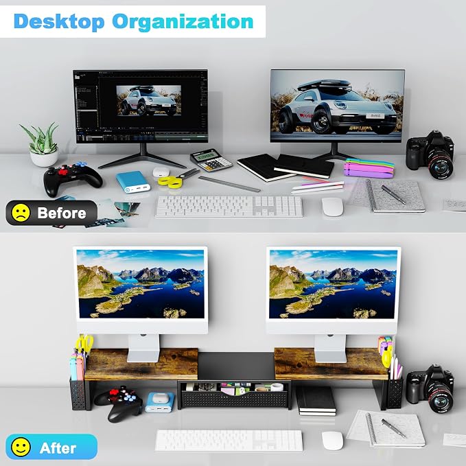 Spacrea Wood Dual Monitor Stand Riser with Drawer and 2 Pen Holders | Monitor Riser Desk Organizers and Accessories,Desk Accessories & Workspace Desktop Organizers for Office Supplies