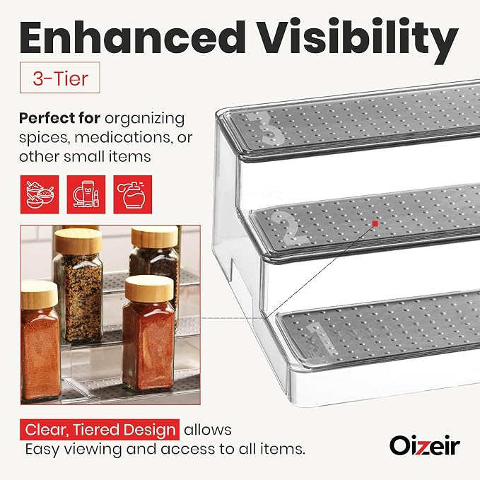 Oizeir Expandable Spice Organizer Rack - 3-Tier - Clear Adjustable Tiered Shelf Spices Organization for Kitchen Cabinet and Pantry Storage