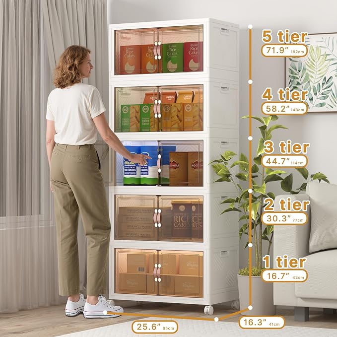 Stackable Storage Bins with Lids, 600QT Closet Organizers and Storage Cabinet with Doors & Wheels, Lockable Plastic Foldable Drawers for Bedroom Dorm Office Garage（120QT*5,White）