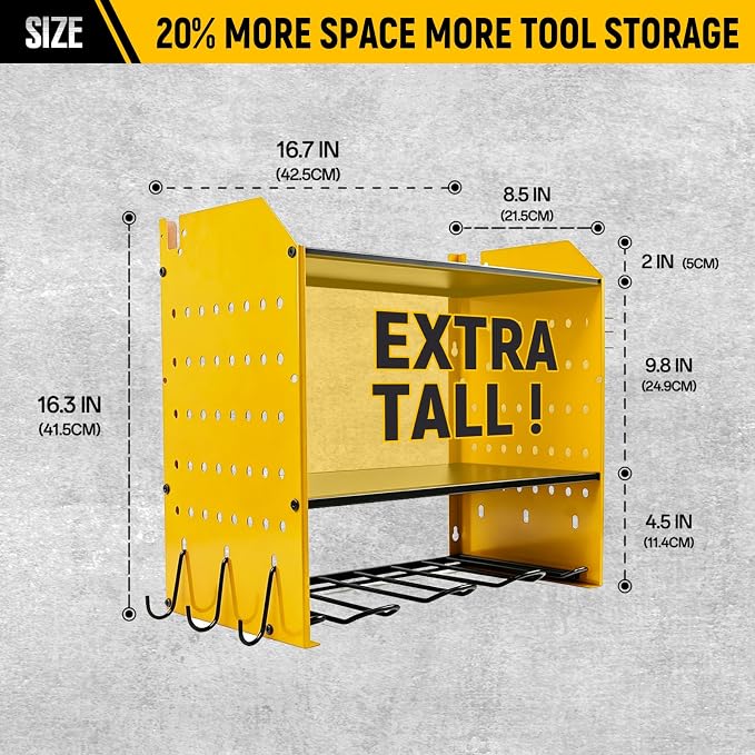 Power Tool Organizer Wall Mount, Garage Drill Storage Shelf with Hooks, Heavy Duty Metal Premium Garage Tool Shelf,Cordless Tool Storage Rack for Garage, Tool Room,Yellow