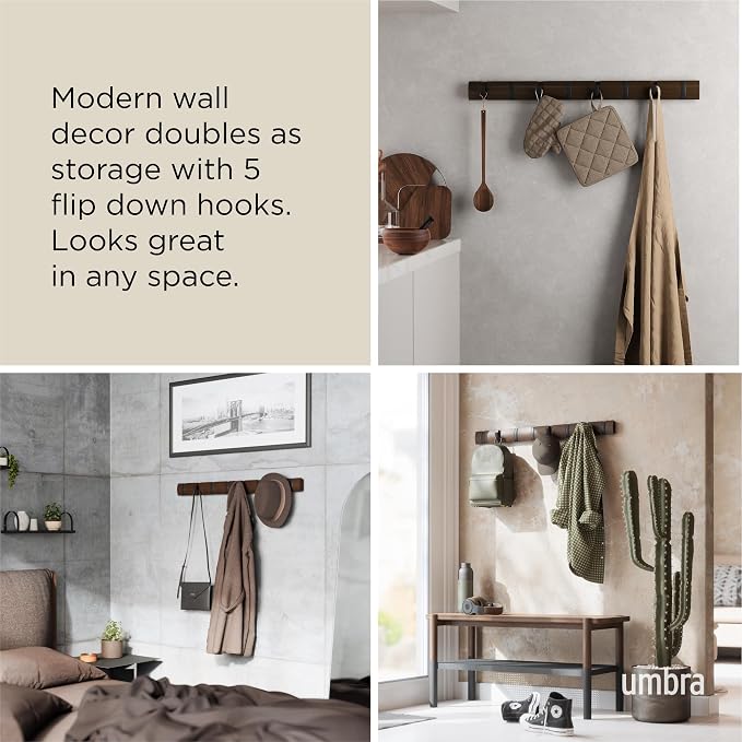 Umbra Flip Coat Rack, Wall Mount 8-Hook, Space Saving, Walnut/Black | Real wood and steel build, retractable hooks fold flat, holds coats bags and scarves, easy install