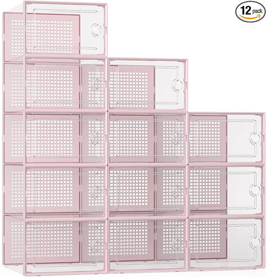 Kuject X-Large Shoe Storage Boxes 12 Pack, Clear Stackable Shoe Organizer | Shoe Case for Closet, Entryway & Under-Bed Storage, Drop-Front Design, Space-Saving Solution for Family Organization,Pink