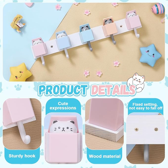 Maitys 2 Pcs Kids Coat Rack Wall Mount Kids Wall Hooks Rainbow Coat Rack Hooks for Boys Girls Toddler Cute Bathroom Decor Colorful Backpack Hanger Supplies for Clothes Hat Towel in Bedroom (Cat)