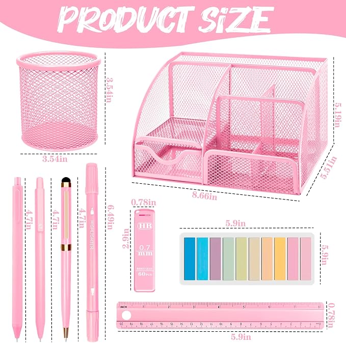 Pink Office Supplies, 17Pcs Pink Desk Accessories Set Include Stapler, Mesh Desk Organizer, Tape Dispenser, Staple Remover, Pen Holder, Clips, Pens, Ruler, for Office Home School Women Students Gift