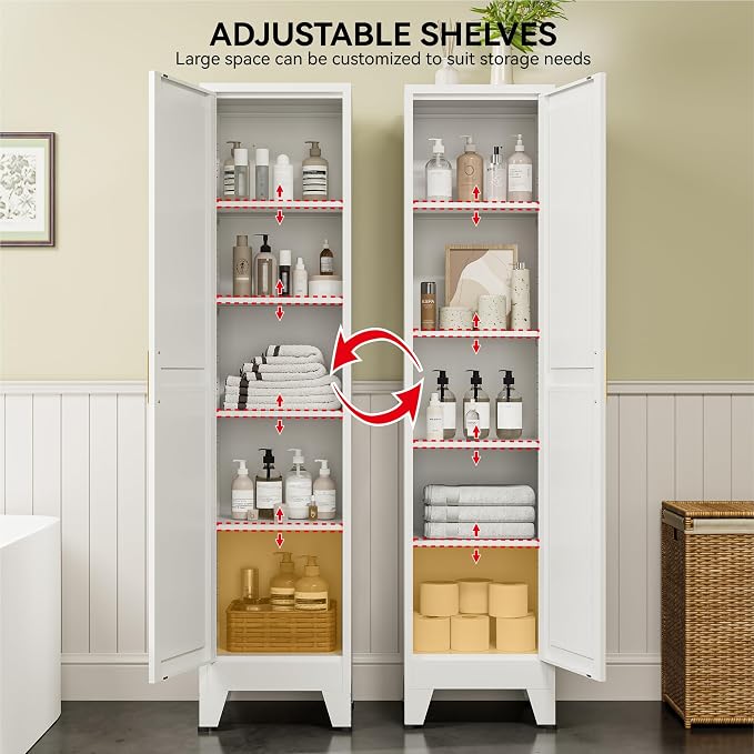 COFaR 67" Tall Metal Pantry Cabinet, White Storage Cabinet with Magnetic Door & 4 Adjustable Shelves, Slim Freestanding Cupboard for Kitchen, Bathroom, Living Room
