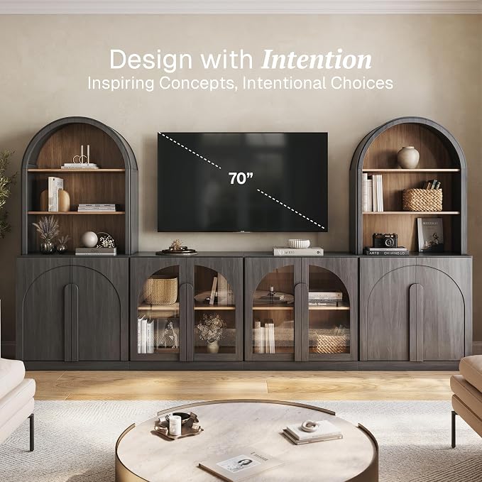 BELLEZE 4 Piece TV Stand Storage Set, Modern 2 Tall Entertainment Center with Storage Towers and 2 Wood Side Cabinets, Large Farmhouse Media Console for Living Room, Ebony