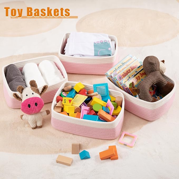 OIAHOMY 4 Pack Storage Baskets for Organizing, Small Bins for Shelves, Cute Decorative Storage Bins, Organizer Baskets for Gifts Empty,13''Lx8.7''Wx5.1''H, Pink/White
