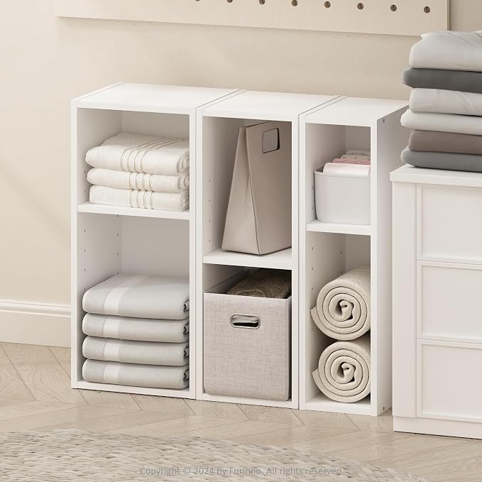 Furinno Reed 2-Tier Closet Organizers and Storage, Closet Organizer, Open Shelf Closet Storage, for Wardrobe, Bedroom, Living Room, 8-Inch Width, White