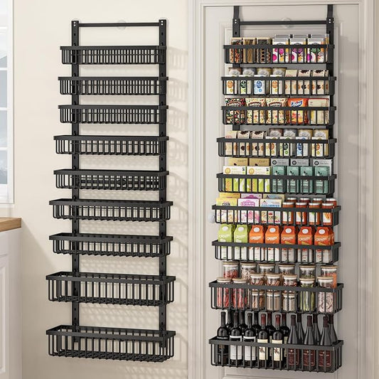 POKIPO 9 Tier Over The Door Pantry Organizer, 2 in 1 Wall Mount or Hanging Spice Rack with Adjustable Deep Basket, Heavy-Duty Seasoning Organizer and Storage for Kitchen Cabinet Closet Bathroom