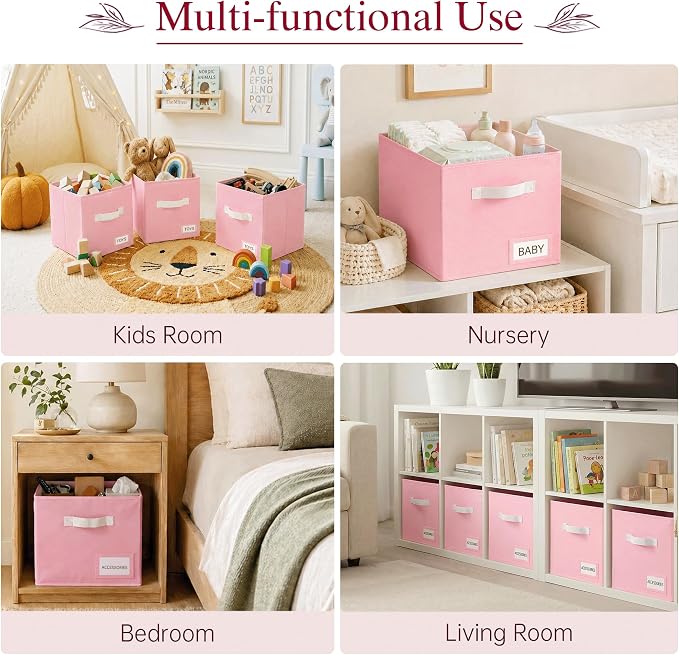 Storage Cubes 8 Pack, 11 Inch Fabric Storage Cubes Organizer Bins with Labels, Odor-Free & Sturdy PP Structure, Cubby Baskets for Closet, Shelves, Toys & Nursery ( Pink)