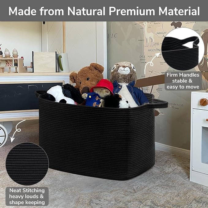 Goodpick Extra Large Cotton Rope Storage Basket with Handles, Black | 85L, 23.6 x 15.7 x 13.8 in, Rectangle, Living Room, Bedroom & Nursery Organization, Blankets, Pillows & Toys Storage
