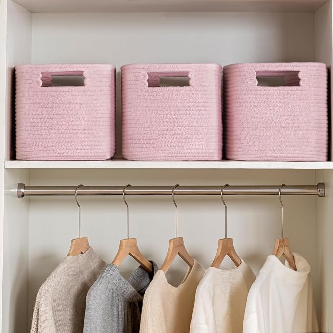 4 Pack Storage Baskets for Organizing, Shelf Baskets with Handles, Pink | 14.5"Lx9.8"Wx9"H, Woven Basket, Cotton Rope Basket, Toy Storage, Cube Shelf, Gift Baskets Empty, Home Decor