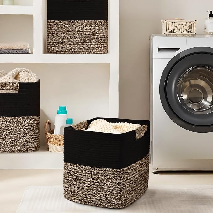 11 Inch Storage Cubes, 3 Pack Cube Storage Bins for Organizing, Cotton Rope Woven Baskets for Shelves, Bathroom, Kids Room, Closets, Baby Nursery