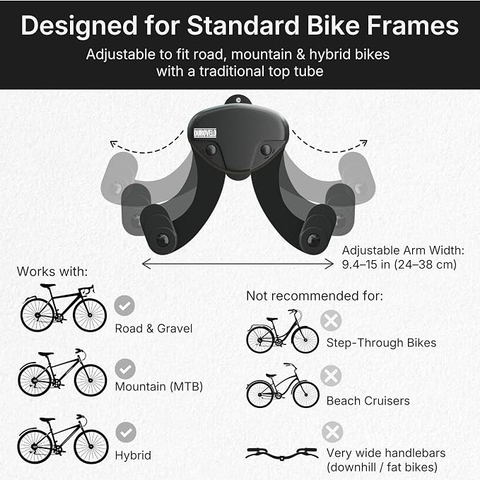 Bike Wall Mount - Horizontal Wall Hanger, Adjustable Design for Road, Mountain and Hybrid Bikes up to 48.5 lbs - Space-Saving Bike Rack for Garage or Apartment - Sturdy Indoor Bicycle Storage