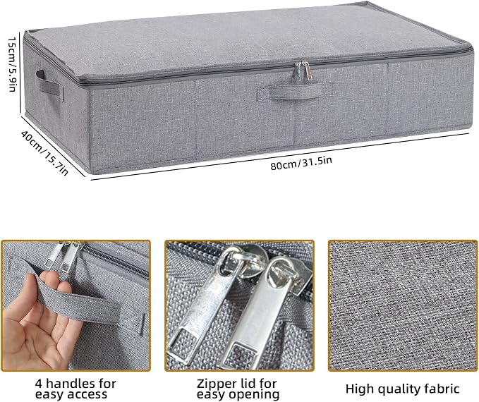 Under Bed Storage Container,Grey,31.5x15.7x5.9 Inch,3 Pack | Underbed Storage Organizers, Foldable Clothes Container,Clothes Bins with Lid and Handles for Blanket,Pillows,Shoes