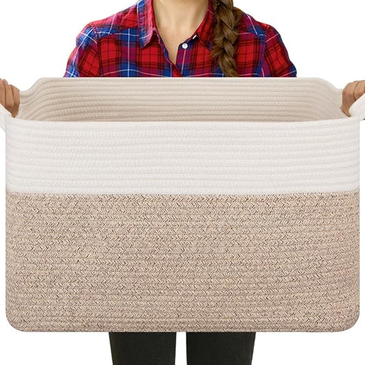 OIASKET Blanket Basket for Living Room, Cotton Rope Basket for Storage, Toy Baskets Bin for kids, Woven Baskets with Handles for Clothes, Towels, Pillows, 20" x 16" x 12", Brown and White