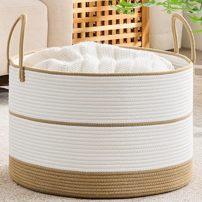 KAKAMAY Large Blanket Basket with Handles, Storage Basket for Living Room | Extra Large Capacity | Natural Cotton Rope | Blanket Storage | Woven Storage Basket | Stuffed Animal Storage | Laundry Basket