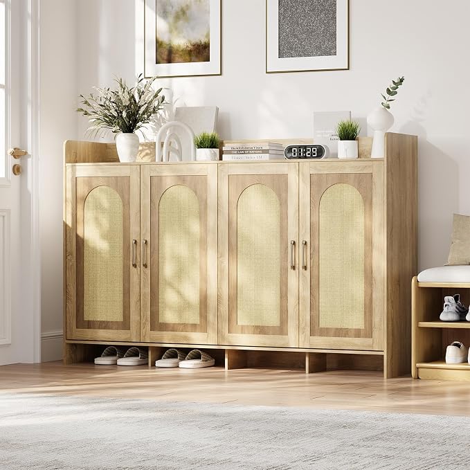 Garvee Shoe Cabinet Storage for Entryway, Rattan Shoe Rack with 4 Doors | Farmhouse Boho Wood Shoe Organizer Cabinet for Entrance Hallway Living Room Foyer