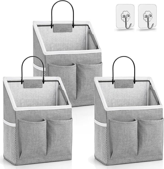 Kanrichu 3pcs Wall Hanging Organizer Bag, Linen Fabric Door Hanging Storage Basket with Pockets, Waterproof Bin for Kitchen, Bedroom, Office, RV Camper (Gray)