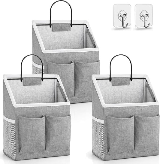 Kanrichu 3pcs Wall Hanging Organizer Bag, Linen Fabric Door Hanging Storage Basket with Pockets, Waterproof Bin for Kitchen, Bedroom, Office, RV Camper (Gray)