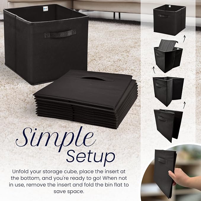 Reli. 13x13x13 Storage Cube Bins (8 Pack) | Large Cube Organizer Bins | Fits Kallax | Collapsible, Foldable Fabric Cubby Box (Square) | 13x13 Fabric Storage Boxes | Kids Room Organization (Black)