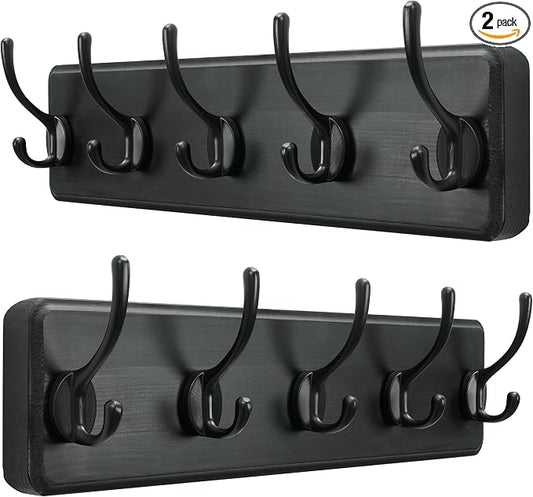 SKOLOO Rustic Wall Mounted Coat Rack, Case of 2, Pine Solid Wood Coat Hook Hanger - 5 Hooks for Hanging Clothes Robes Towels Coats