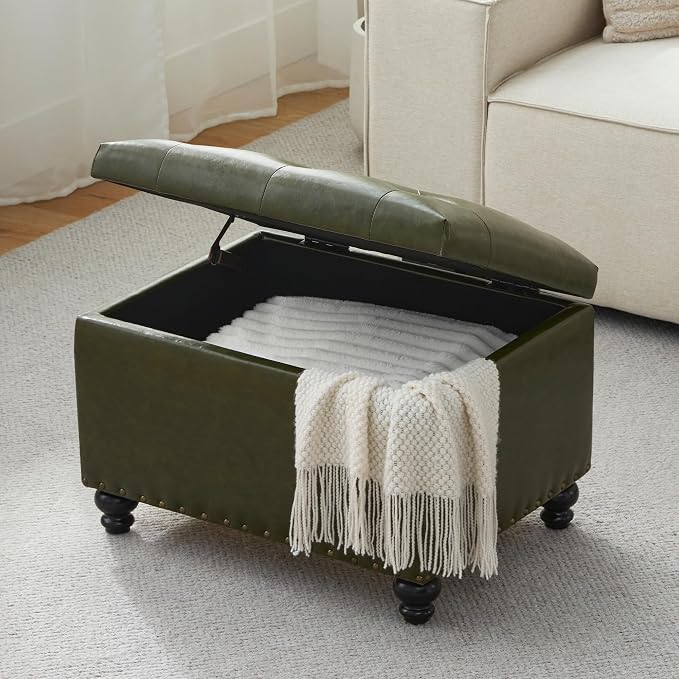 Zihanhome Leather Ottoman with Storage, Upholstered Button Tufted Ottoman Foot Rest, Foot Stools, 24" Rectangle Ottomans with Storage for Living Room, Bedroom, Dorms and Apartments (Green-PU)