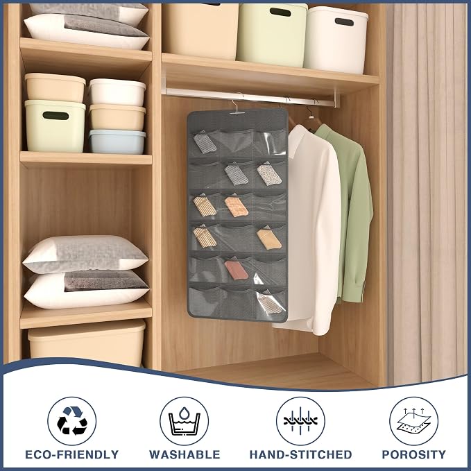 26-Pocket Hanging Closet Organizer for Socks and Underwear, Dark Gray | Non-woven clear compartments keep bras & leggings visible; swivel hook fits wardrobe, closet rod, wall, door or shelves.