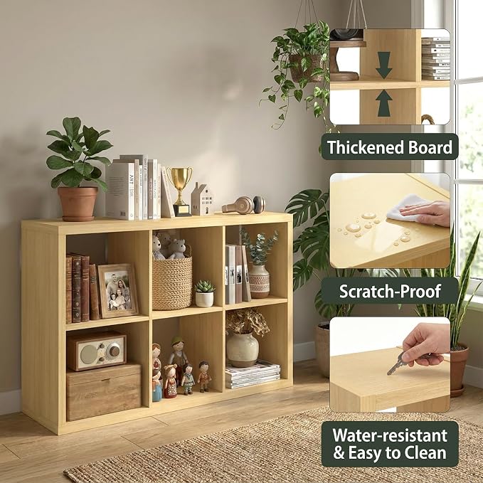 WannabeMyself【2026 Wooden Thick Frame】 6 Cube Storage Organizer with Anti-Tipping Kits, Reversible Open Back Book Shelf,Bookcase for Living Room,Bedroom,Entrance Hall,Office,11.6×36.3×24.6,Oak Color