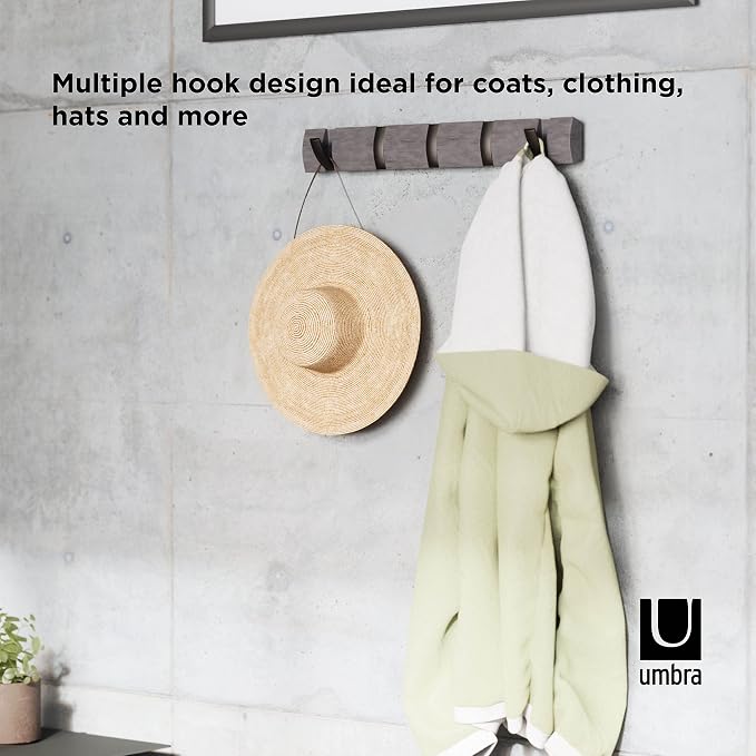 Umbra Flip Coat Rack, Wall Mounted 5-Hook Space Saving, Driftwood/Nickel | Real wood and steel build, retractable hooks fold flat, holds coats bags and scarves, easy install