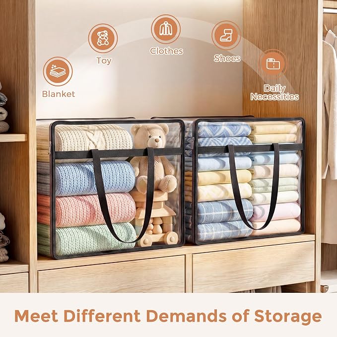 6 Pack Clear Storage Bags for Clothes, 40L Closet Organizers and Storage | Plastic storage with zipper and handle, moving bags, under-bed storage, closet organizer for blankets, comforters, toys
