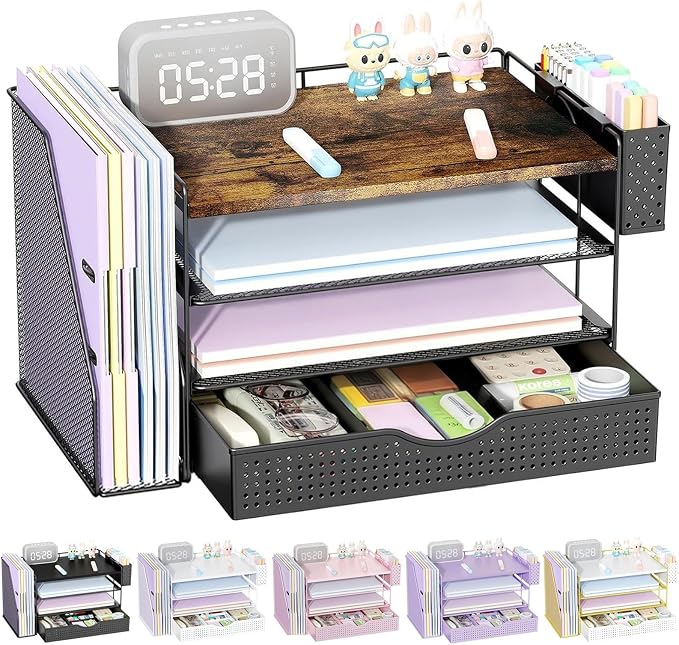 gianotter Wood Desk Organizers and Accessories with File Sorters, 4-Tier Desk Accessories & Workspace Organizers with Drawer and Pen Holder, Desk Reference Organizer (Wood, 4T with Drawer)