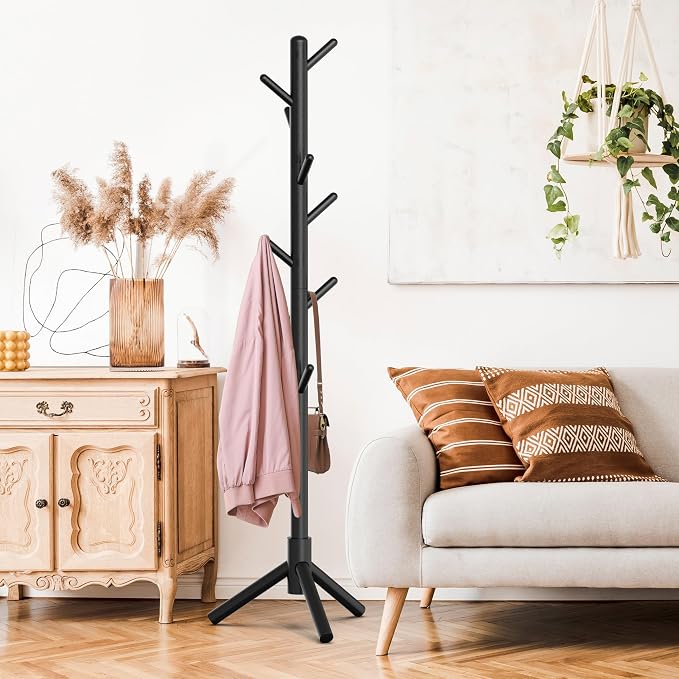 Simple Houseware Wooden Coat Rack Stand, Hall Tree with 9 Hooks, Black | Adjustable Tree Rack for Entryway, Hallway, Bedroom, Office