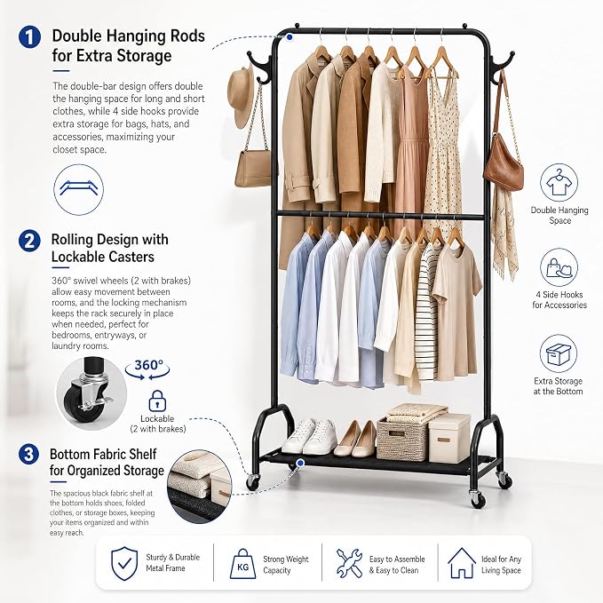 EVLIQUIL Double Hanging Garment Rack with Wheels, Hooks and Shelf, Black | Double Hanging Design and Smooth-Rolling Wheels with Open shelf offers additional storage for shoes, boxes or baskets.